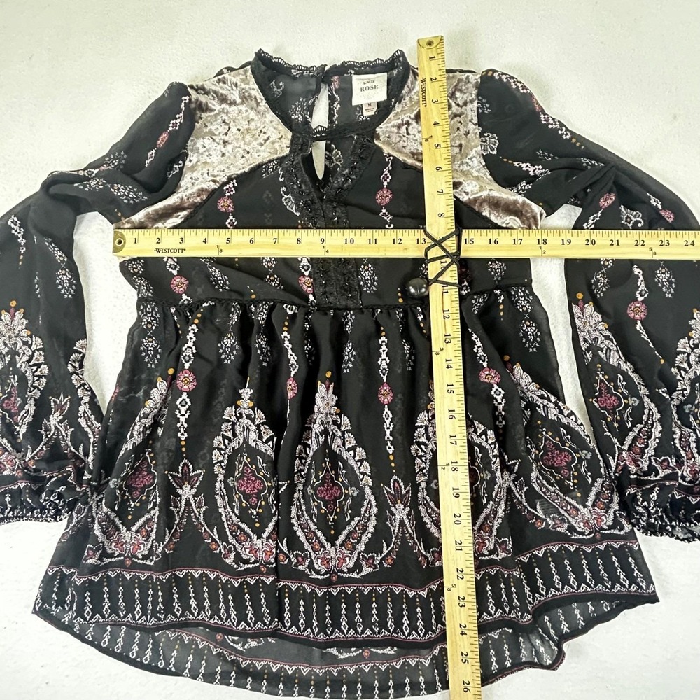 Knox Rose Peasant Blouse Womens Medium Black Boho Velvet Paisley Ethereal Top - Picture 3 of 12